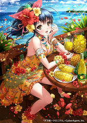  armband blue_hair bracelet breasts cleavage commentary_request day dress drink earrings female flower food food-themed_earrings food-themed_hair_ornament fruit glass hair_flower hair_ornament hair_ribbon hibiscus jewelry long_hair medium_breasts necklace ocean official_art petals pineapple pineapple_earrings pineapple_hair_ornament ponytail ribbon sakiyamama sandals sitting sky smile solo table tenkuu_no_crystalia water yellow_eyes 