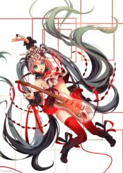  absurdly_long_hair arm_up bad_id bad_pixiv_id bless_you_(module) breasts electric_guitar female flower guitar hair_flower hair_ornament hatsune_miku headset high_heels highres instrument long_hair marmaladica medium_breasts midriff nisoku_hokou_(vocaloid) open_mouth plectrum project_diva_(series) project_diva_f_2nd red_thighhighs skirt solo thighhighs twintails underboob very_long_hair vocaloid 