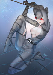  animal_ears artist_name asdj batman_(series) belt bodysuit bondage bondage bound breasts brown_eyes cat_ears catwoman center_opening commentary covered_nipples dc_comics english_commentary fake_animal_ears female full_body high_heels highres large_breasts partially_unzipped photoshop_(medium) selina_kyle signature solo tongue tongue_out torn_clothes visor zipper 