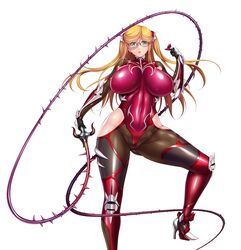  aoi_nagisa_(metalder) blonde_hair bodysuit breasts curvy female female glasses green_eyes huge_breasts kosaka_shizuru leotard lilith-soft long_hair looking_at_viewer partially_visible_vulva shiny shiny_skin simple_background solo taimanin_(series) taimanin_asagi taimanin_rpgx taimanin_yukikaze twintails weapon whip white_background 