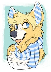  2016 animate_inanimate anthro black_nose blonde_hair blue_eyes blue_pupils canid canine canis corgwn digital_drawing_(artwork) digital_media_(artwork) domestic_dog fur hair herding_dog hi_res jayboppity living_plushie male mammal pastoral_dog plushie pupils scarf simple_background smile solo welsh_corgi white_body white_fur yellow_body yellow_fur 