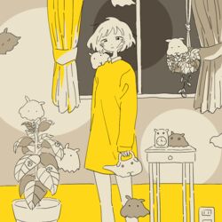  animal baggy_clothes blush caterpillar circle clock closed_eyes collar commentary_request curtains disheveled dress electrical_outlet female floating hanging_plant highres leaf ligne_claire long_sleeves looking_at_viewer lounging mitsuki_sanagi original plant pot potted_plant short_hair sitting sleeping standing sweater table umbrella_octopus vines watering_can window yellow_dress yellow_theme 