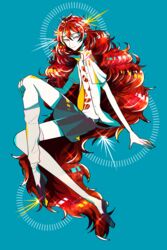  1other absurdres androgynous blue_background commentary_request gem gem_uniform_(houseki_no_kuni) highres houseki_no_kuni long_hair lonom looking_at_viewer open_clothes open_shirt other_focus padparadscha_(houseki_no_kuni) red_eyes red_hair smile solo sparkle thighhighs very_long_hair wavy_hair 