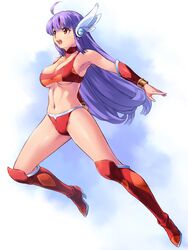  armor bikini bikini_armor boots breasts cleavage elbow_gloves female full_body gloves hair_ornament head_wings knee_boots kneehighs konami_lady konami_wai_wai_world large_breasts long_hair midriff navel purple_eyes purple_hair red_eyes simple_background socks solo swimsuit uchiu_kazuma white_background wings 