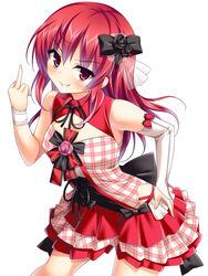  audrey_belrose bad_id bad_pixiv_id choker female fingerless_gloves food fruit gloves grin hunie_(series) huniepop long_hair looking_at_viewer middle_finger red_eyes red_hair ribbon_choker smile solo strawberry yogurt_(hata_hatsu) 