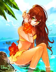  bikini brown_hair commentary_request elran female flower green_eyes legs lips long_hair ocean original outdoors ponytail seashell shell shell_to_ear skirt smile solo swimsuit water wet 