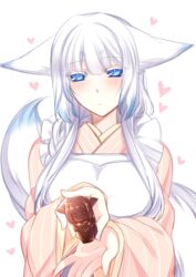  animal_ears apron blue_eyes blush breasts chocolate commentary female fox_ears fox_tail heart japanese_clothes kimono konshin large_breasts long_hair looking_at_viewer orie_mishiro pixiv_fantasia pixiv_fantasia_fallen_kings solo symbol-only_commentary tail white_background white_hair 