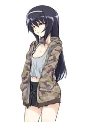  black_hair breasts camouflage_hoodie casual female girls_und_panzer hairband hands_in_pockets highres hood hoodie jacket kotoyama long_hair midriff pleated_skirt reizei_mako simple_background skirt small_breasts solo white_background 