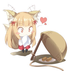  +_+ animal_ears blonde_hair blunt_bangs blush_stickers chibi commentary da-mii drop_trap ear_wiggle female food fox_ears fox_tail heart long_hair oshiro_project:re plate red_eyes rope senko_(oshiro_project) simple_background solo stick tail tofu torii_hair_ornament white_background wide-eyed 