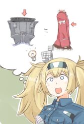  arrow_(symbol) blonde_hair blue_eyes blue_shirt breast_pocket breasts commentary_request enjaku_izuku female flat_chest gambier_bay_(kancolle) hair_ornament highres historical_name_connection imagining japanese_clothes kantai_collection kariginu large_breasts light_bulb long_hair name_connection object_namesake open_mouth own_hands_together pocket red_shirt ryuujou_(aircraft_carrier) ryuujou_(kancolle) shirt solo thought_bubble twintails upper_body 