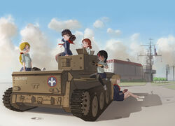  4girls black_eyes black_hair blonde_hair blue_eyes brown_eyes brown_hair building caterpillar_tracks cloud commentary cromwell_(tank) day girls_und_panzer glasses long_hair military military_vehicle motor_vehicle multiple_girls original outdoors ponytail school_uniform short_hair short_twintails skirt sky smile sneak tank toorops twintails 