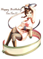  arm_up braid brown_eyes brown_hair character_name grin happy_birthday kunai looking_at_viewer may_c_(lovemeiko) naruto naruto_shippuuden scroll smile solo tenten weapon 