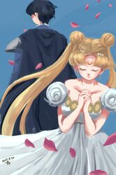  1boy bare_shoulders bishoujo_senshi_sailor_moon black_hair blonde_hair blue_background cape chiba_mamoru closed_eyes closed_mouth commentary_request crescent crescent_facial_mark dated detached_sleeves double_bun dress earrings endymion_(sailor_moon) facial_mark faux_traditional_media female from_behind hair_bun hair_ornament hairclip highres jewelry long_hair own_hands_together parted_bangs petals princess_serenity puchi_(wamsnzs) puffy_short_sleeves puffy_sleeves rose_petals sad short_hair short_sleeves simple_background tsukino_usagi twintails very_long_hair 