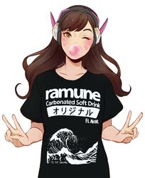  artist_name blowing_bubbles blush brown_eyes brown_hair chewing_gum clothes_writing collarbone commentary d.va_(overwatch) double_v english_commentary facepaint facial_mark female fingernails hands_up headphones highres long_fingernails long_hair looking_at_viewer nymre one_eye_closed overwatch overwatch_1 ramune shirt solo t-shirt upper_body v whisker_markings 