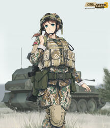  assault_rifle belt blurry brown_hair camouflage carabiner caterpillar_tracks chin_strap commentary_request copyright_name depth_of_field female fv107_scimitar grass green_eyes grin gun h&amp;k_g36 happy heckler_&amp;_koch helmet highres knee_pads latvia latvian_flag load_bearing_vest long_hair looking_to_the_side military military_uniform military_vehicle motor_vehicle original outdoors photoshop_(medium) ponytail pouch rifle sky smile soldier solo tank tanto_(tc1995) tree uniform walking weapon 