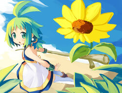  abe_kanari antenna_hair bracelet commentary_request earrings female flower green_eyes green_hair jewelry marona_(phantom_brave) nippon_ichi open_mouth phantom_brave photoshop_(medium) solo stick sunflower thighhighs 