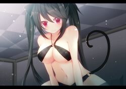  animal_ears bikini black_bikini black_hair bloodcatblack breasts cat_ears cat_tail commentary_request female highres letterboxed long_hair medium_breasts navel o-ring o-ring_top phantasy_star phantasy_star_online_2 red_eyes solo swimsuit tail thighhighs twintails 