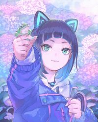  animal_ears arm_up bell blue_eyes cat_ears collar commentary_request female frog gems_company gigapuri highres holding jacket leaf long_sleeves mizushima_aoi_(gems_company) nail_polish neck_bell on_finger plant short_hair smile solo upper_body virtual_youtuber zipper zipper_pull_tab 