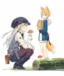  2girls animal_ear_fluff animal_ears black_hat blonde_hair blue_eyes blush boots camera closed_mouth commentary_request eating food fox_ears fox_tail hat hood jitome looking_at_another looking_down looking_up multiple_girls mushroom necktie original pantyhose poco_(asahi_age) red_eyes shiratama_kitsune shirt shorts simple_background tail thighhighs white_background white_hair white_shirt yukimi_(poco) 