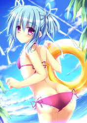  ass bikini blue_hair butt_crack commentary_request female from_behind hair_ribbon highres innertube mashiroiro_symphony md5_mismatch nanairo_fuusen outdoors purple_eyes ribbon swim_ring swimsuit uryuu_sakuno 