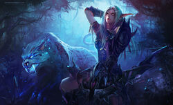  animal bad_link bow_(weapon) chenbo elf female forest hunter_(warcraft) long_hair looking_at_viewer nature night_elf_(warcraft) player_character_(wow) pointy_ears warcraft weapon world_of_warcraft 