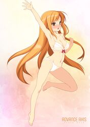  absurdres arm_up armpits ass_visible_through_thighs bare_legs barefoot beatmania_iidx blush bow bow_bra bra breasts cleavage female full_body highres kinoshita_ichi leg_up long_hair medium_breasts navel non-web_source open_mouth orange_eyes orange_hair panties sidelocks solo standing standing_on_one_leg umegiri_iroha underwear underwear_only very_long_hair white_bra white_panties 