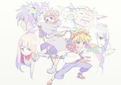  3boys 3girls bandana black_hair blonde_hair blunt_bangs braid brown_hair circlet commentary_request dagger enkyo_yuuichirou facial_hair flower full_body gipple_(mahoujin_guruguru) grey_background hair_flower hair_ornament juju_coo_shnamur knife kukuri_(mahoujin_guruguru) long_hair long_sleeves looking_at_viewer mahoujin_guruguru moustache multiple_boys multiple_girls nike_(mahoujin_guruguru) poodle projected_inset raid_(mahoujin_guruguru) robe runrun_vermeer sandals short_hair simple_background smile staff standing sweat tatejiwa_nezumi twin_braids udberg_eldol weapon 