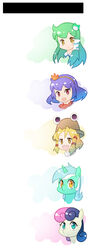  5girls aqua_eyes aqua_hair blonde_hair bonbon_(my_little_pony) brown_hat chinese_commentary chinese_text commentary_request extra_eyes eyeball frog_hair_ornament green_hair hair_ornament hair_tubes hat highres horns kochiya_sanae long_hair lyra_heartstrings moriya_suwako multicolored_hair multiple_girls my_little_pony my_little_pony:_friendship_is_magic open_mouth photoshop_(medium) pink_hair pony_(animal) portrait purple_hair simple_background single_horn smile snake_hair_ornament touhou two-tone_hair unicorn white_background white_hair xin_yu_hua_yin yasaka_kanako yellow_eyes 