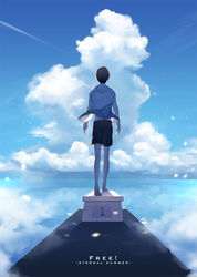  1boy black_hair blue_sky cloud commentary_request copyright_name day diving_block free! from_behind male_focus male_swimwear mikko_(mim_mikko) nanase_haruka_(free!) outdoors photoshop_(medium) sky swim_trunks water 