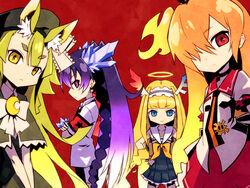  4girls animal_ears armband bad_id bad_pixiv_id blonde_hair blue_eyes gen&#039;ei_wo_kakeru_taiyou gradient_hair halo hat head_wings hoshikawa_seira multicolored_hair multiple_girls necktie orange_hair purple_eyes purple_hair red_background red_eyes saiko_dagashi shirokane_ginka sleeveless taiyou_akari traditional_halo tsukuyomi_luna wings yellow_eyes 