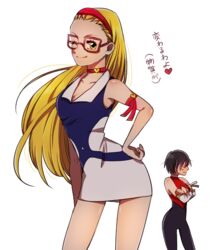  2girls ;) bad_id bad_pixiv_id big_hero_6 blonde_hair blush bodysuit choker commentary_request cosplay crossed_arms cutie_honey cutie_honey_(character) cutie_honey_(character)_(cosplay) dress full-face_blush gloves gogo_tomago hairband honey_lemon kisaragi_honey kisaragi_honey_(cosplay) libera long_hair magical_girl multiple_girls name_connection one_eye_closed red_gloves short_dress sleeveless smile solo_focus superhero_costume 