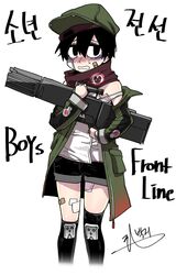  1boy assault_rifle bags_under_eyes bandage_on_face bandages bandaid bandaid_on_face bandaid_on_leg black_eyes black_hair black_socks blush clothing_cutout coat commentary_request cosplay cowboy_shot g11_(girls&#039;_frontline) g11_(girls&#039;_frontline)_(cosplay) girls&#039;_frontline green_coat green_hat gun h&amp;k_g11 hair_between_eyes hat heckler_&amp;_koch highres kneehighs korean_commentary korean_text lee_hoon male_focus off_shoulder open_clothes open_coat parkgee rifle scarf scarf_on_head shirt short_shorts shorts shoulder_cutout simple_background socks solo suicide_boy sweatdrop weapon white_background white_shirt 