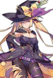  azur_lane belt blonde_hair breasts cleavage commentary_request female gem halloween halloween_costume hat highres jack-o&#039;-lantern large_breasts long_hair looking_at_viewer nelson_(azur_lane) nelson_(luna_witch)_(azur_lane) official_alternate_costume red_eyes red_gemstone shirotae_moyashi solo twintails very_long_hair witch_hat 