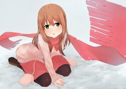  akky_(akimi1127) blush bow brown_hair gloves green_eyes long_hair matsumi_yuu pantyhose saki scarf seifuku snow winter 