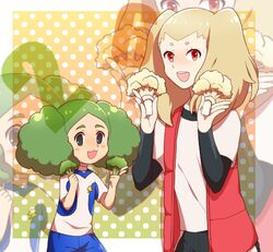  2girls bad_id bad_pixiv_id blonde_hair blush cauliflower earth_eleven garu_(inazuma_eleven) green_hair inazuma_eleven_(series) inazuma_eleven_go inazuma_eleven_go_chrono_stone inazuma_eleven_go_galaxy lightning_bolt_symbol mio_(jian_wei) morimura_konoha multiple_girls open_mouth red_eyes rooko soccer_uniform sportswear zoom_layer 