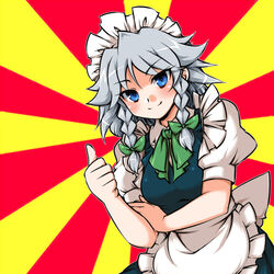  apron blue_eyes braid female grey_hair izayoi_sakuya looking_at_viewer mageres maid_headdress meme neta short_hair smile solo sunburst sunburst_background tajima_yuuki thumbs_up touhou twin_braids 