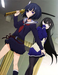  2girls absurdres amou_kirukiru artist_request black_eyes black_hair busou_shoujo_machiavellism highres long_hair multiple_girls official_art onigawara_rin pantyhose purple_eyes scan school_uniform short_hair 