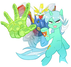  aqua_hair chinese_commentary commentary_request crossover cutie_mark female g_gundam gundam harp instrument king_of_hearts_(gundam) lyra_heartstrings mecha multicolored_hair my_little_pony my_little_pony:_friendship_is_magic photoshop_(medium) pony_(animal) robot shining_finger shining_gundam tail two-tone_hair unicorn white_hair xin_yu_hua_yin 