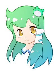  blush chinese_commentary closed_mouth commentary_request female frog_hair_ornament green_hair hair_ornament hair_tubes kochiya_sanae long_hair photoshop_(medium) portrait simple_background smile snake_hair_ornament solo touhou white_background xin_yu_hua_yin yellow_eyes 