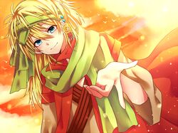  1boy akatsuki_no_yona bird blonde_hair blue_eyes commentary_request hachi_(hachi_0254) headband long_hair male_focus scarf sky solo upper_body zeno_(akatsuki_no_yona) 