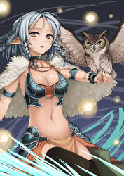  ange_vierge animal animal_on_hand armor bird black_thighhighs braid breasts bride character_request choker cloak commentary_request female grey_hair highres jchoy medium_breasts multiple_braids navel night open_mouth owl photoshop_(medium) pointy_ears short_hair solo thighhighs 