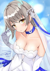  alternate_costume bare_shoulders blush breasts bridal_veil choker cleavage closed_mouth collarbone commentary dated dress earrings elbow_gloves female girls&#039;_frontline gloves grey_hair hair_ornament hand_up head_tilt jewelry looking_at_viewer medium_breasts official_alternate_costume photoshop_(medium) short_hair sidelocks signature solo sparkle strapless strapless_dress symbol-only_commentary twitter_username unel vector_(ardent_devotion)_(girls&#039;_frontline) vector_(girls&#039;_frontline) veil wedding_dress white_dress white_gloves yellow_eyes 