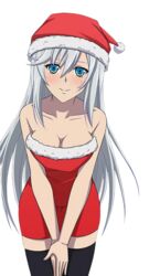  black_legwear blue_eyes blush breasts cleavage collarbone cowboy_shot dress hat la_folia_rihavein leaning_forward long_hair looking_at_viewer medium_breasts red_dress red_hat santa_costume santa_hat short_dress silver_hair sleeveless sleeveless_dress smile solo standing strapless strapless_dress strike_the_blood thighhighs transparent_background 