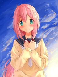  blush green_eyes jacket kagamihara_nadeshiko long_hair pink_hair smkle yuru_camp 