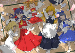  5girls ahoge apron arms_behind_head ascot bad_id bad_pixiv_id black_bow black_bowtie black_ribbon black_skirt black_vest blonde_hair blouse blue_bow blue_dress blunt_bangs bow bowtie closed_eyes cup detached_sleeves dress fairy_wings frilled_skirt frills from_above hair_tubes hairbow hakurei_reimu hat hat_ribbon kirisame_marisa long_hair luna_child lying messy_sleeper multiple_girls obi on_back on_nose on_side open_mouth orange_hair petals ragi_(schrdngr) red_bow red_shirt red_skirt ribbon sakazuki sash shirt skirt sleeping smile star_sapphire sunny_milk tokkuri touhou touhou_sangetsusei transparent_wings two_side_up vest waist_apron white_apron white_bow white_dress white_hat white_legwear white_shirt wide_sleeves wings yellow_ascot yellow_bow 