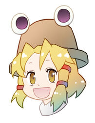  blonde_hair chinese_commentary commentary_request female hat moriya_suwako open_mouth photoshop_(medium) portrait smile solo touhou xin_yu_hua_yin yellow_eyes 