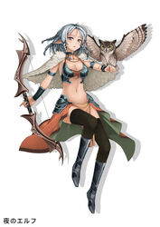  ange_vierge animal animal_on_hand armor bird black_thighhighs boots bow_(weapon) braid breasts bride character_request choker cloak commentary_request female full_body grey_hair highres holding holding_weapon jchoy medium_breasts multiple_braids navel open_mouth owl photoshop_(medium) pointy_ears short_hair simple_background solo thighhighs weapon 