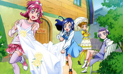  4girls :d absurdres aida_mana bench blue_eyes blue_hair braid crossed_legs dokidoki!_precure double_bun dress flower grass hair_bun half_updo highres hishikawa_rikka house kenzaki_makoto long_hair multiple_girls official_art open_mouth orange_eyes orange_hair pantyhose parasol pink_eyes pink_hair pink_shirt precure purple_eyes purple_hair rose running shirt short_hair sitting smile standing thighhighs tree ueno_ken umbrella white_dress yellow_flower yellow_rose yotsuba_alice zettai_ryouiki 