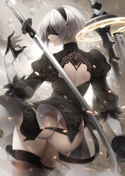  2b_(nier:automata) ass back_cutout black_blindfold black_dress black_hairband blindfold blurry boots clothing_cutout commentary covered_eyes depth_of_field dress feather-trimmed_sleeves female from_behind hairband highres katana kiyo_(chaoschyan) leotard long_sleeves mole mole_under_mouth nier:automata nier_(series) photoshop_(medium) short_hair solo sword thigh_boots thighhighs thighhighs_under_boots weapon white_hair white_leotard 