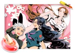  1boy 2girls bad_id bad_pixiv_id black_hair breasts brown_hair cleavage diamond_wa_kudakenai gakuran hirose_koichi jojo_no_kimyou_na_bouken large_breasts lipstick long_hair love_deluxe makeup medium_breasts multiple_girls ponytail school_uniform senbiki_(nonono69) tsuji_aya very_long_hair wavy_hair white_hair yamagishi_yukako 